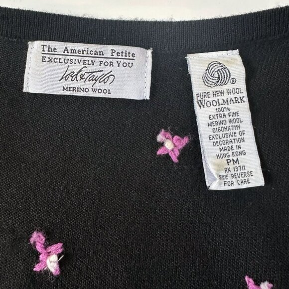Lord&Taylor Black Cardigan Sz PM Floral Embroidered Merino Wool Boho Cottagecore - Picture 5 of 8